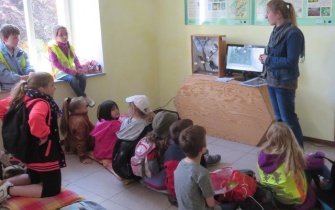 Kinder der Bertrada Grundschule beobachten Blaumeisen-Küken in der Infostätte Mensch und Natur
