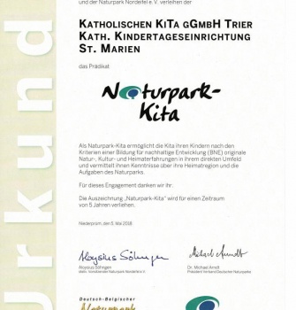 Urkunde "Naturpark-Kita" der Kath. Kita St. Marien, Niederprüm