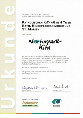 Urkunde "Naturpark-Kita" der Kath. Kita St. Marien, Niederprüm