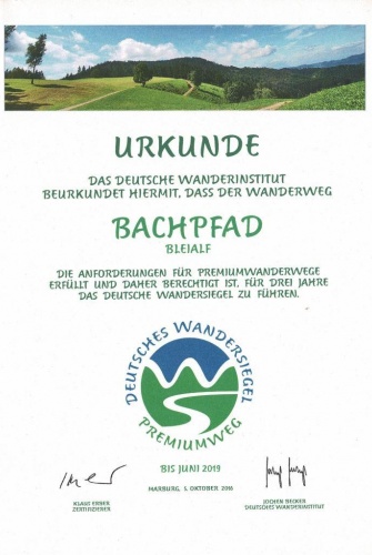 Urkunde des Deutschen Wanderinstituts für den Bachpfad (Bleialf)
